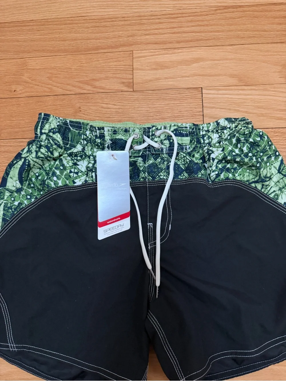 Speedo Black Swim Shorts with Green Patterned Waistband